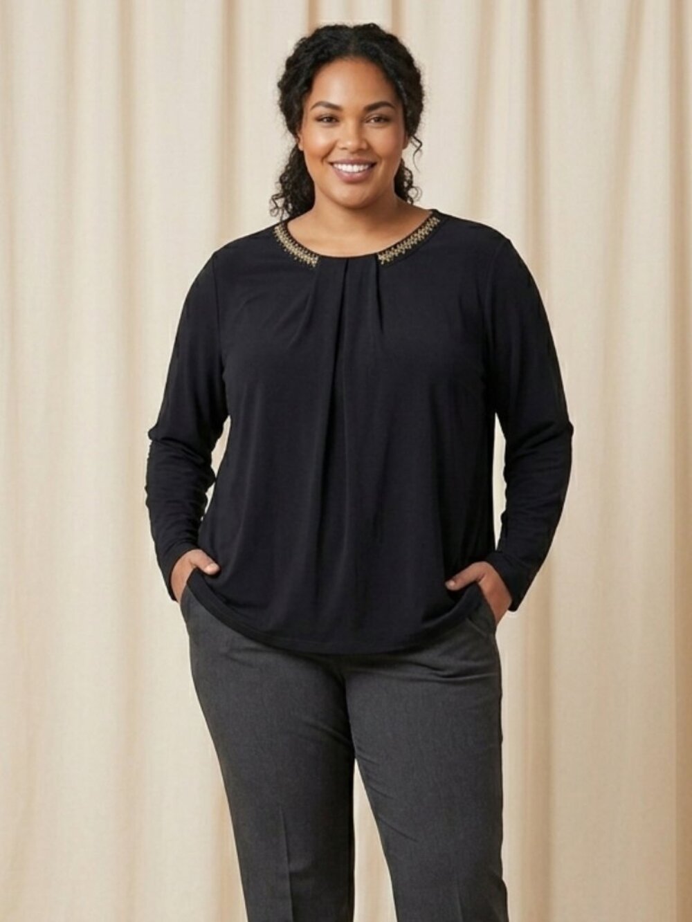 Liz Claiborne Career Woman Blouse Black Gold Beaded Neckline Plus Size 5X